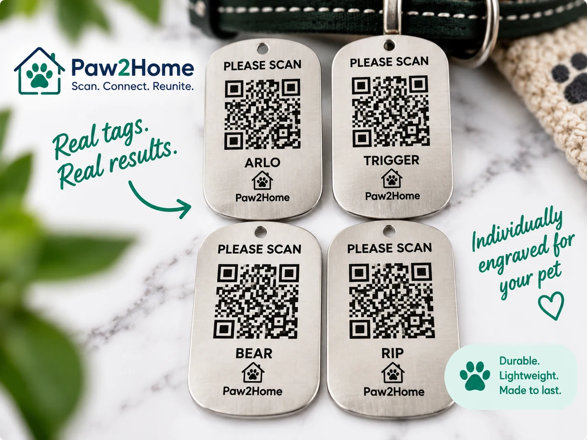 Actual Paw2Home laser-engraved QR tags for Arlo, Trigger, Bear and Rip